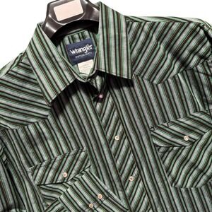 Wrangler Western Shirt Large Pearl Snap Mens Striped Green Black Long Sleeve L